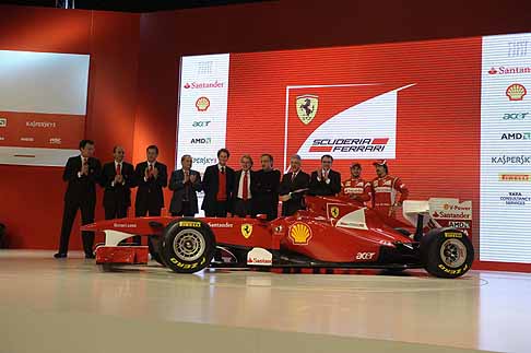 Ferrari - F150 presentation: Nikolas Tombazis, Luca Marmorini, Aldo Costa, Amedeo Felisa, John Elkann, Luca di Montezemolo, Sergio Marchionne, Piero Ferrari, Stefano Domenicali, Felipe Massa, Fernando Alonso