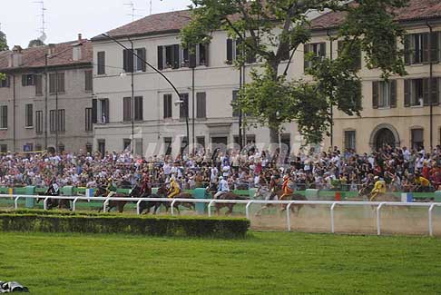 Corsa di Cavalli - Palio di Ferrara in gara per la Corsa dei Cavalli in Piazza Ariostea, in testa Tremendo