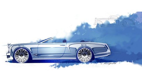 Bentley - I primi bozzetti online lasciano intuire forme fluide, generate dall'incontro tra la vocazione sportiva e l�eleganza della struttura, mentre le linee scolpite e i massicci parafanghi evocano potenza e dinamicit�.