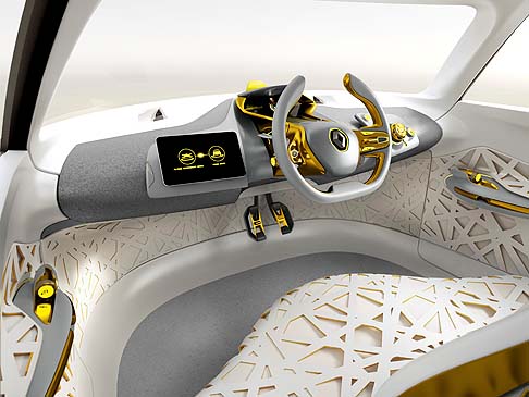 Renault - Ispirato ai nidi degli uccelli, linterno di KWID Concept  progettato per avvolgere gli occupanti. I sedili, sospesi al di sopra di una solida base bianca, danno limpressione di leggerezza.
