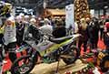 Motocross di Babbo Natale che arriva con la slitta, alla conferenza stampa Tucano Urbano all´Eicma 2021 di Milano il Salone Internazionale del Motociclo