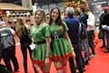 Sexy hostess sulla destra la bellissima Greta Donadei e la bella bionda Alice Demartino in veste natalizia presso lo stand Tucano Urbano all´Eicma 2021 di Milano