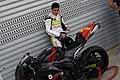 Michele Pirro in tuta e la sua Moto Honda nella pista di Binetto